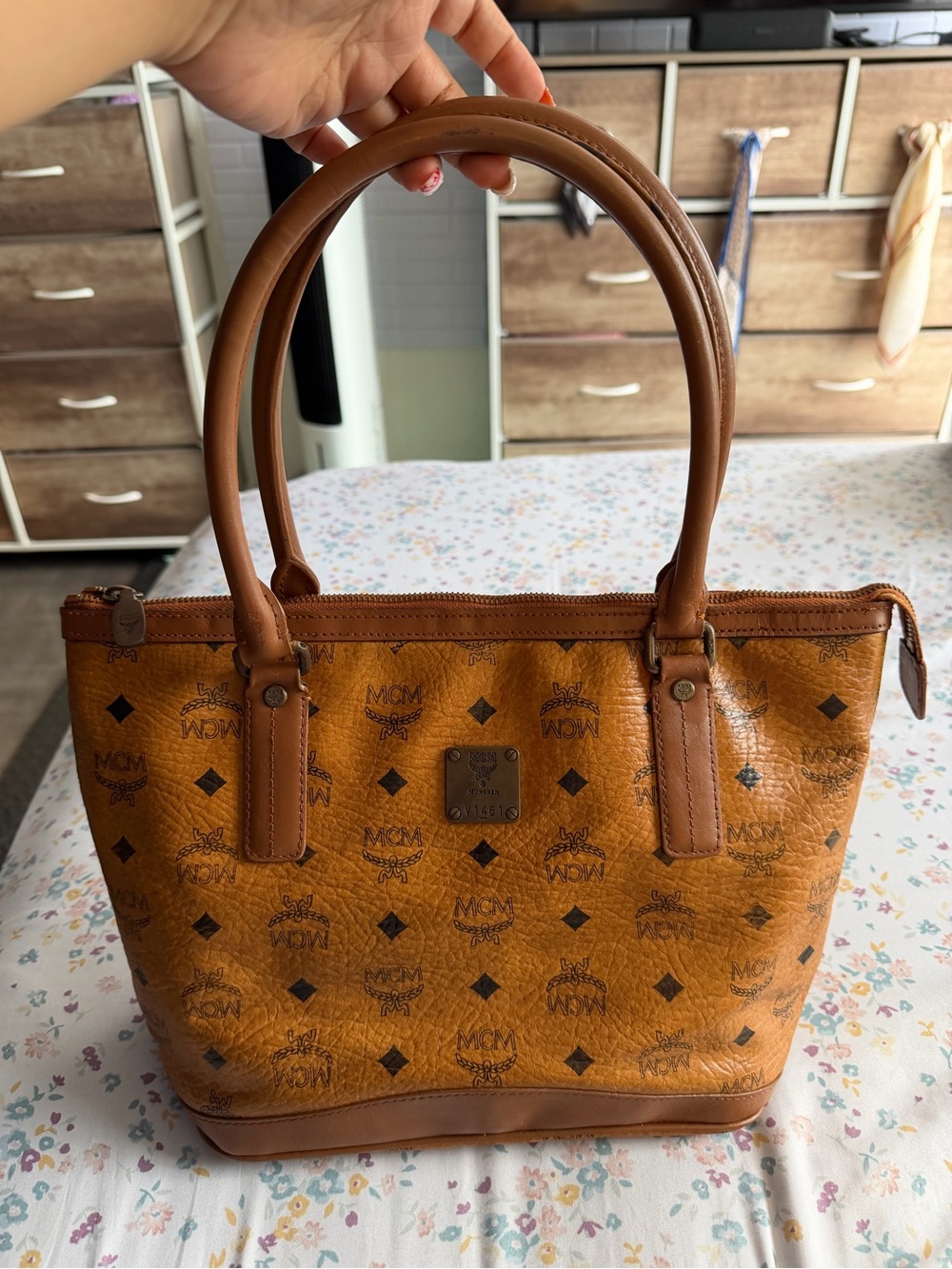 MCM Cognac Visetos Small Shoulder Bag